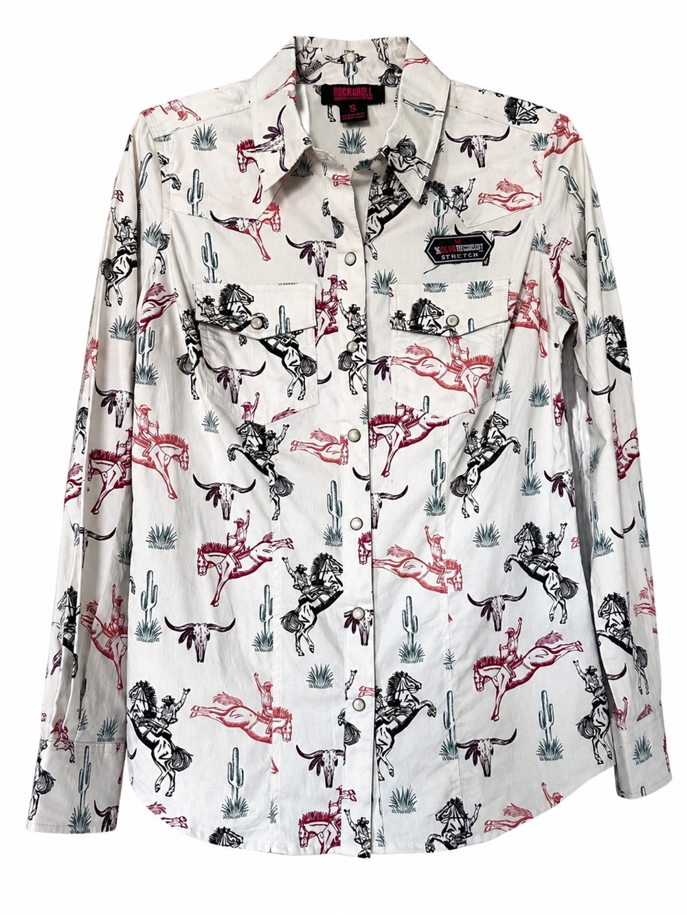 Rock & Roll Cowgirl Pearl Snap Western Shirt Rodeo Cowboy Print NWT